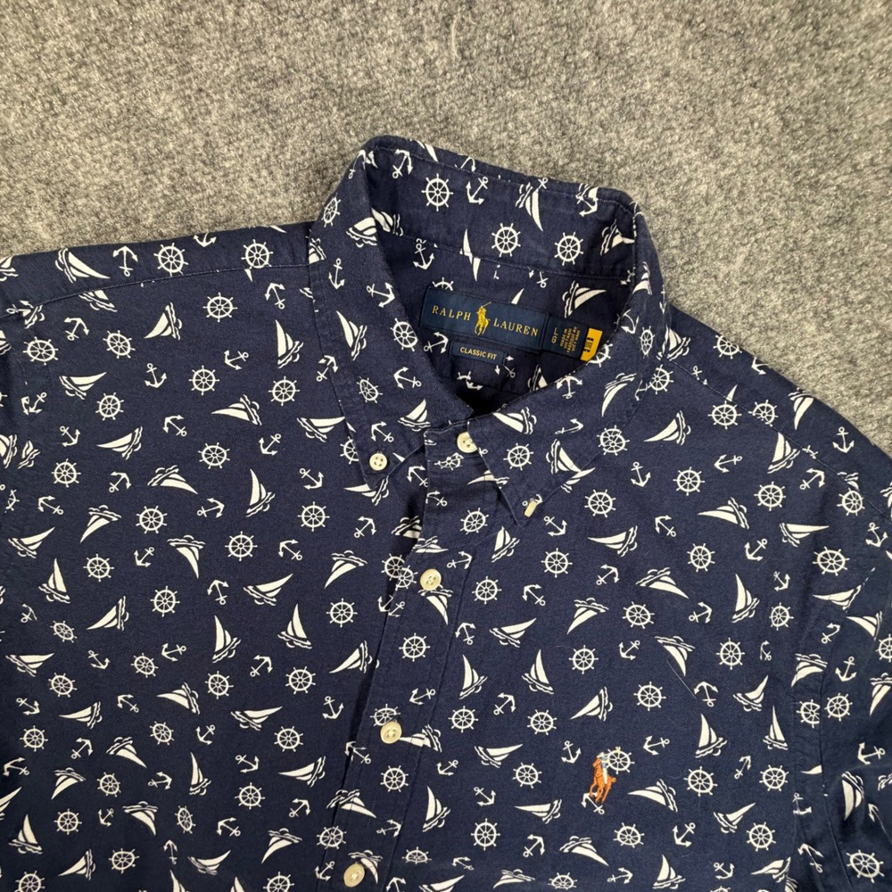 Ralph Lauren Mens Large Navy Nautical Anchor Sailboat Short Sleeve Button 0802